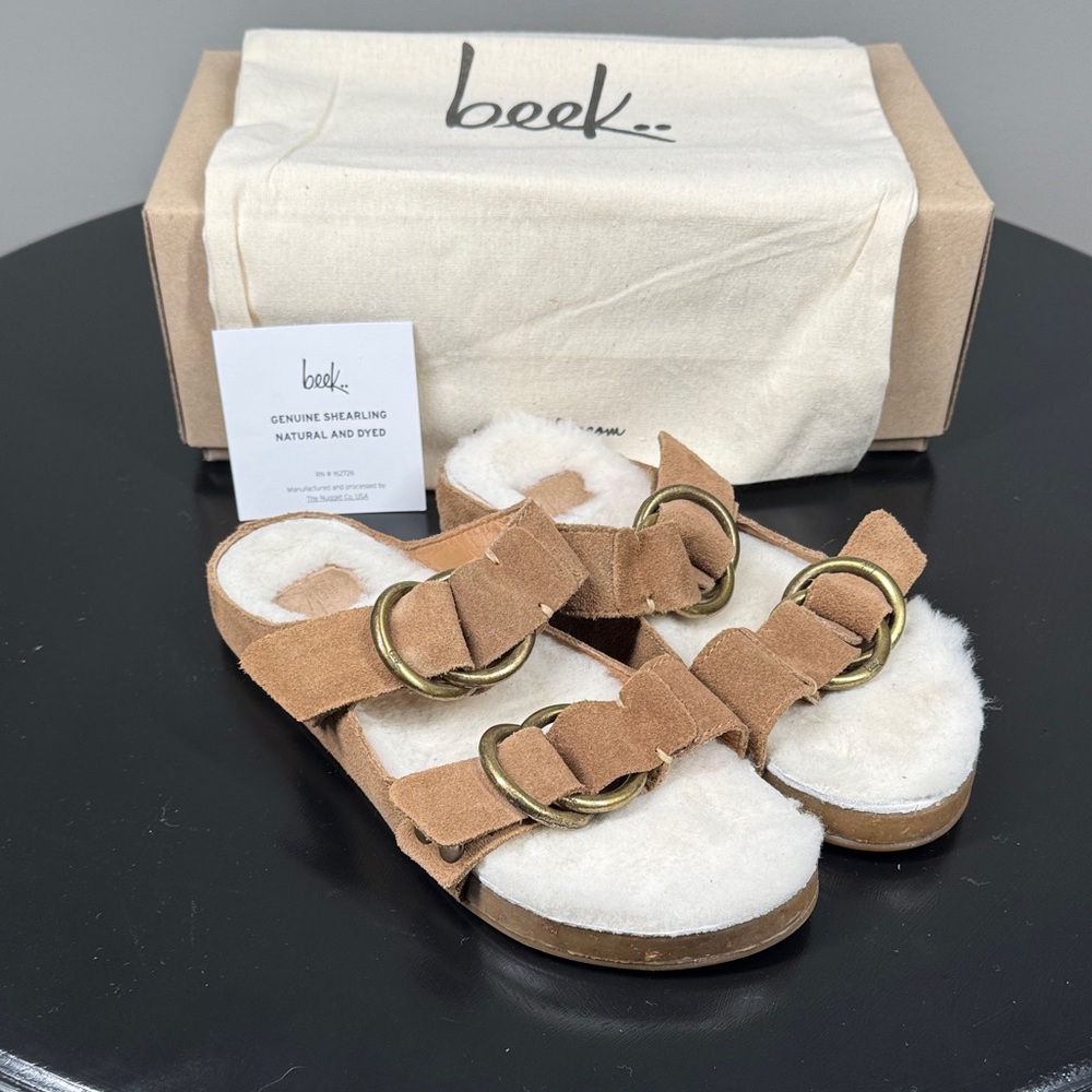 Beek Buzzard Chestnut Suede and Shearling Slides